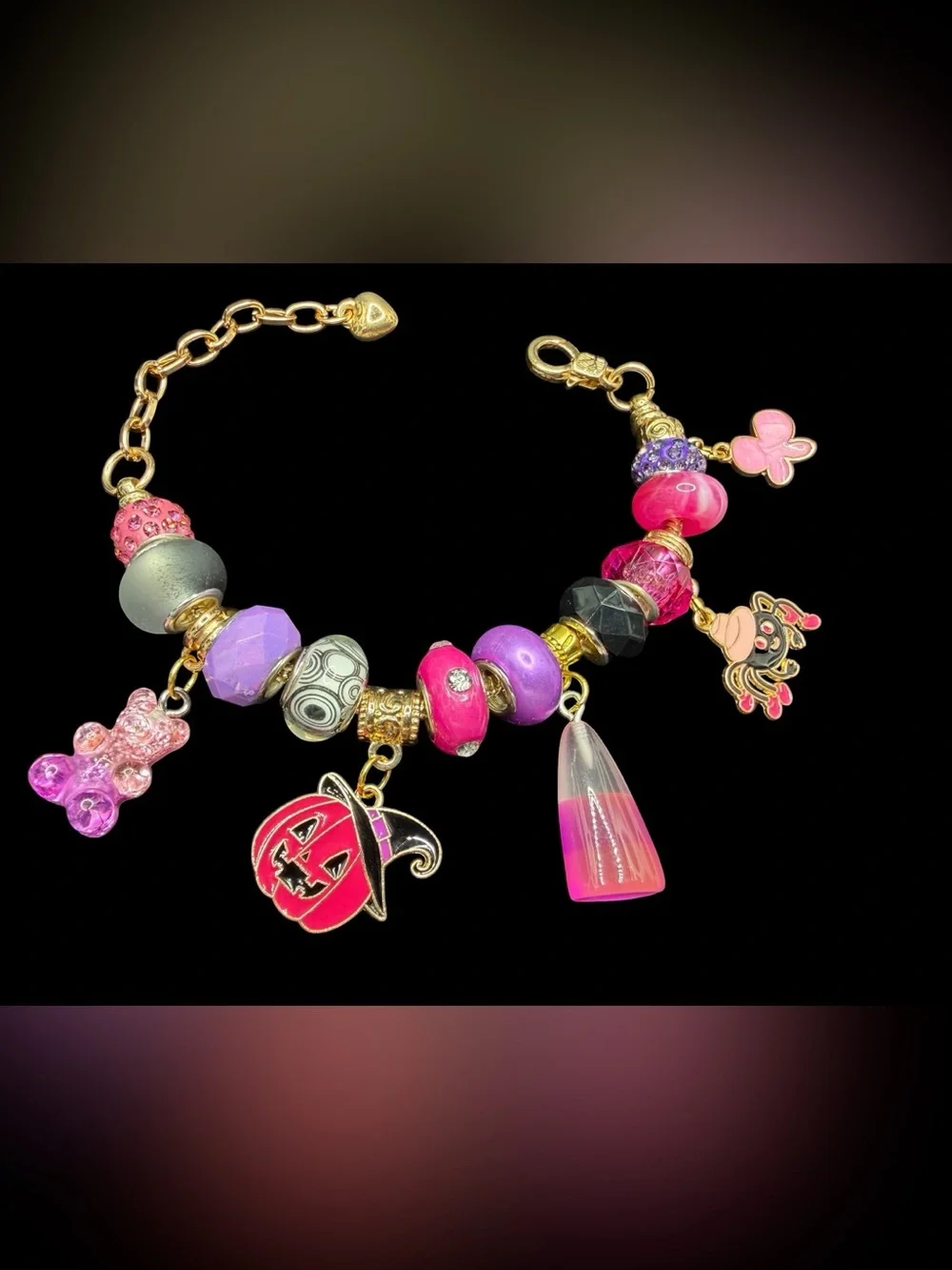 Handmade Halloween Charm Bracelet “Ghoul Friend”Line in Pink Purple